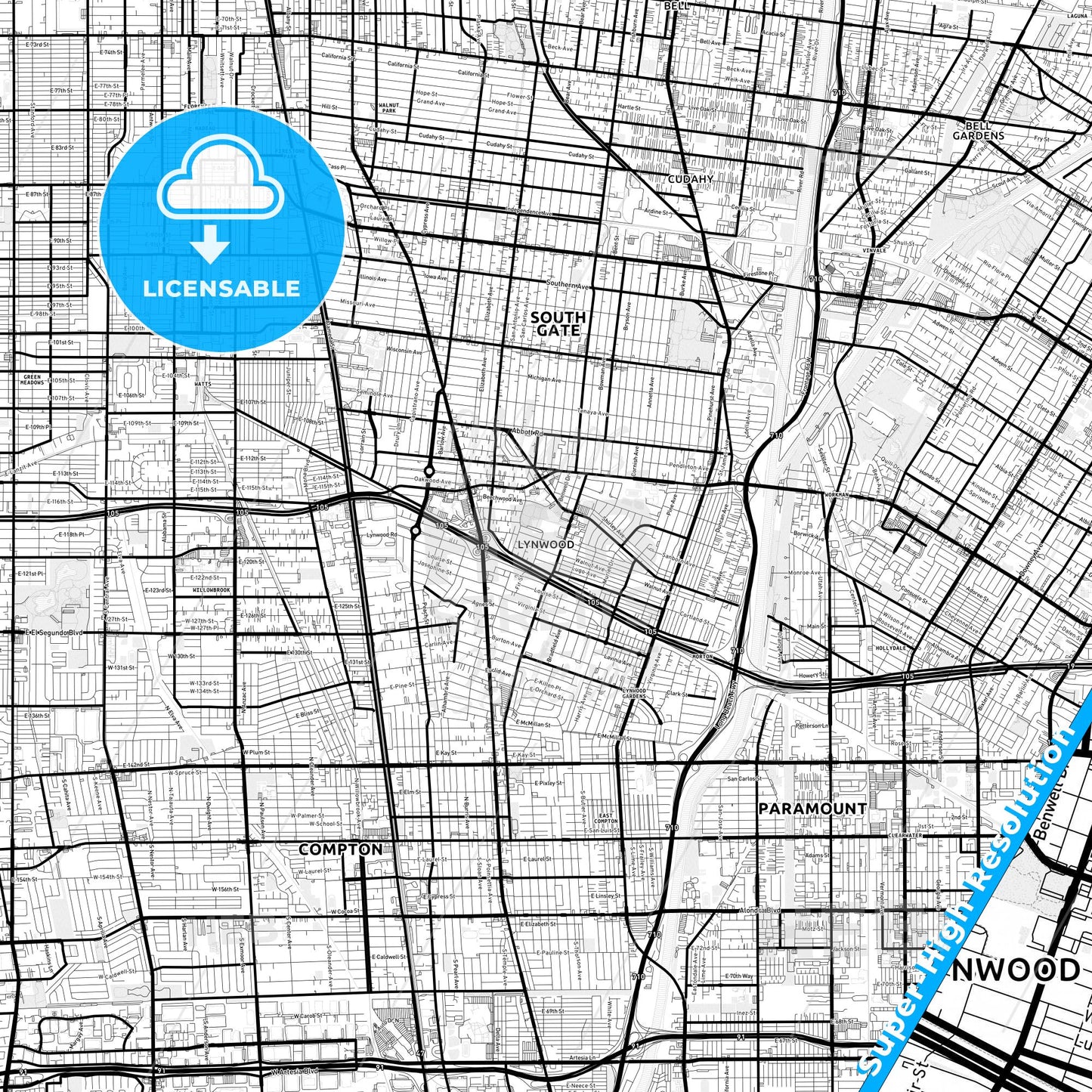 Lynwood, California Light Map with Street Names, City Names, and Districts