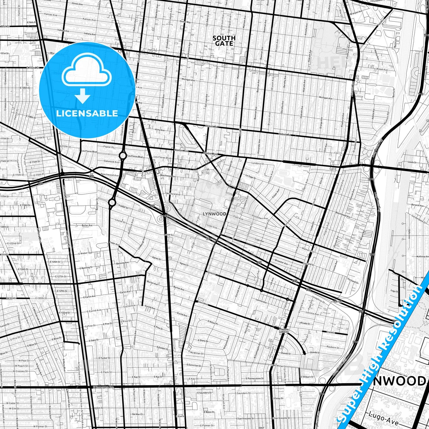 Lynwood, California Light Map with Street Names, City Names, and Districts