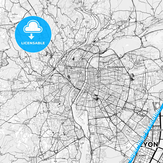 Lyon, France light map with streetnames, citynames and districts