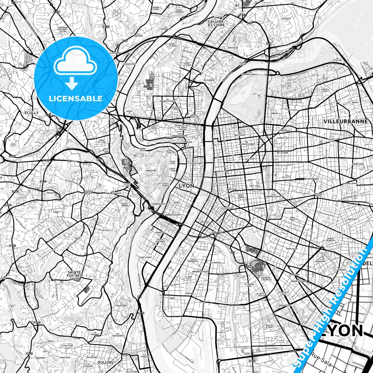 Lyon, France Light Map with Street Names, City Names, and Districts
