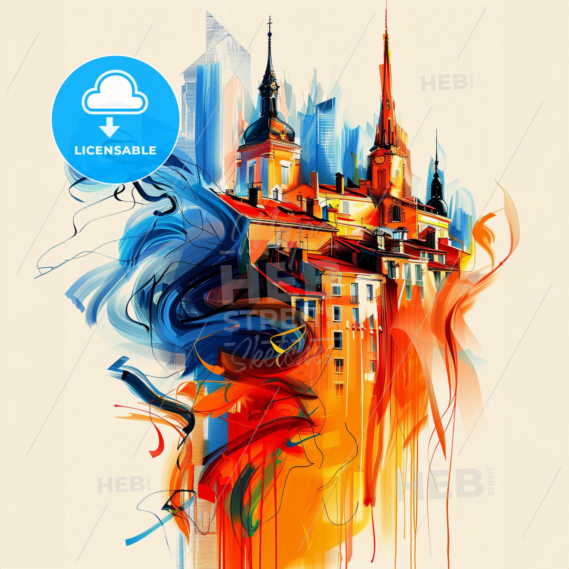 Vibrant Lyon, France - A Painting Of A Building With A Tower And A Cityscape