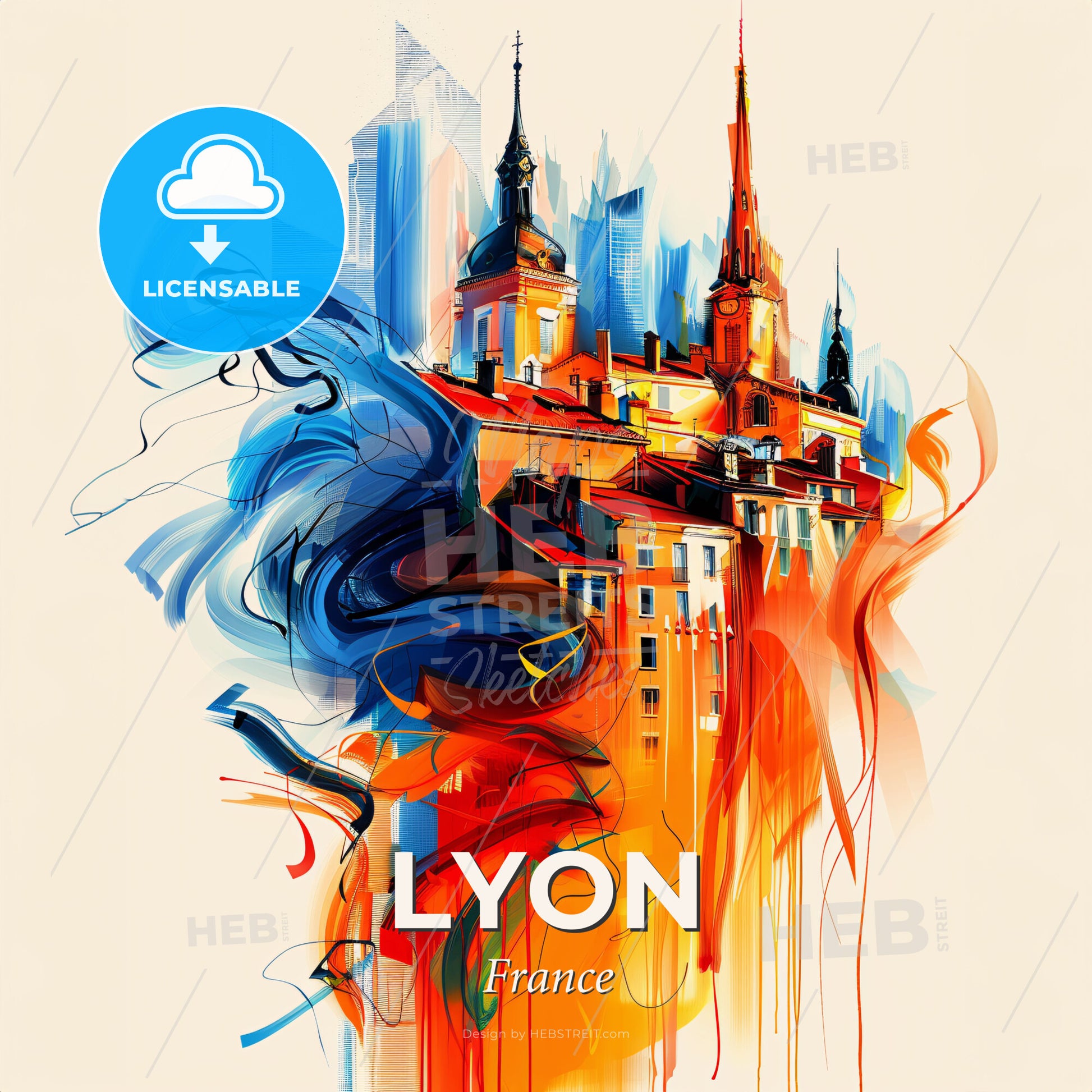 Vibrant Lyon, France - A Painting Of A Building With A Tower And A Cityscape - Square format print template