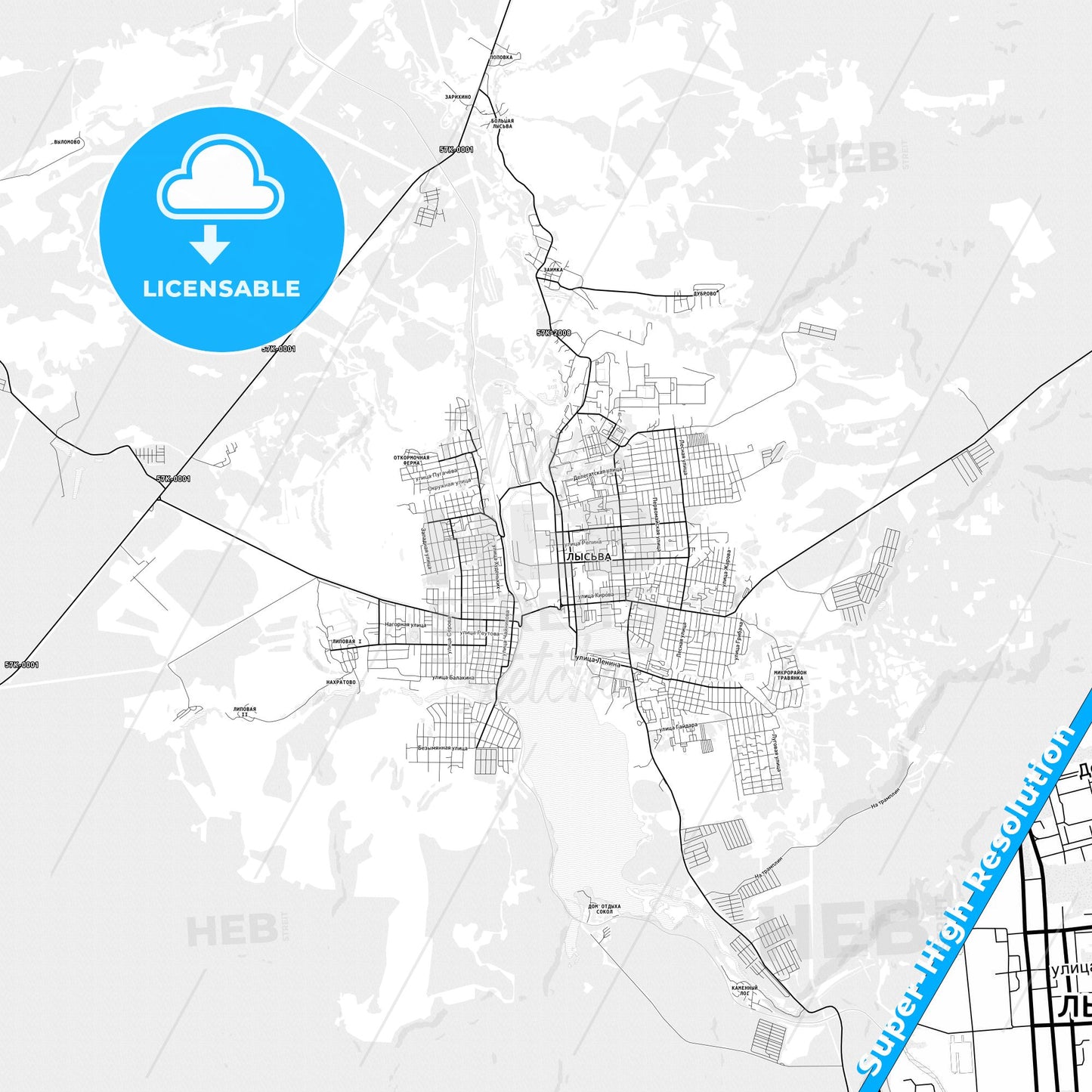 Lysva, Russia light map with streetnames, citynames and districts