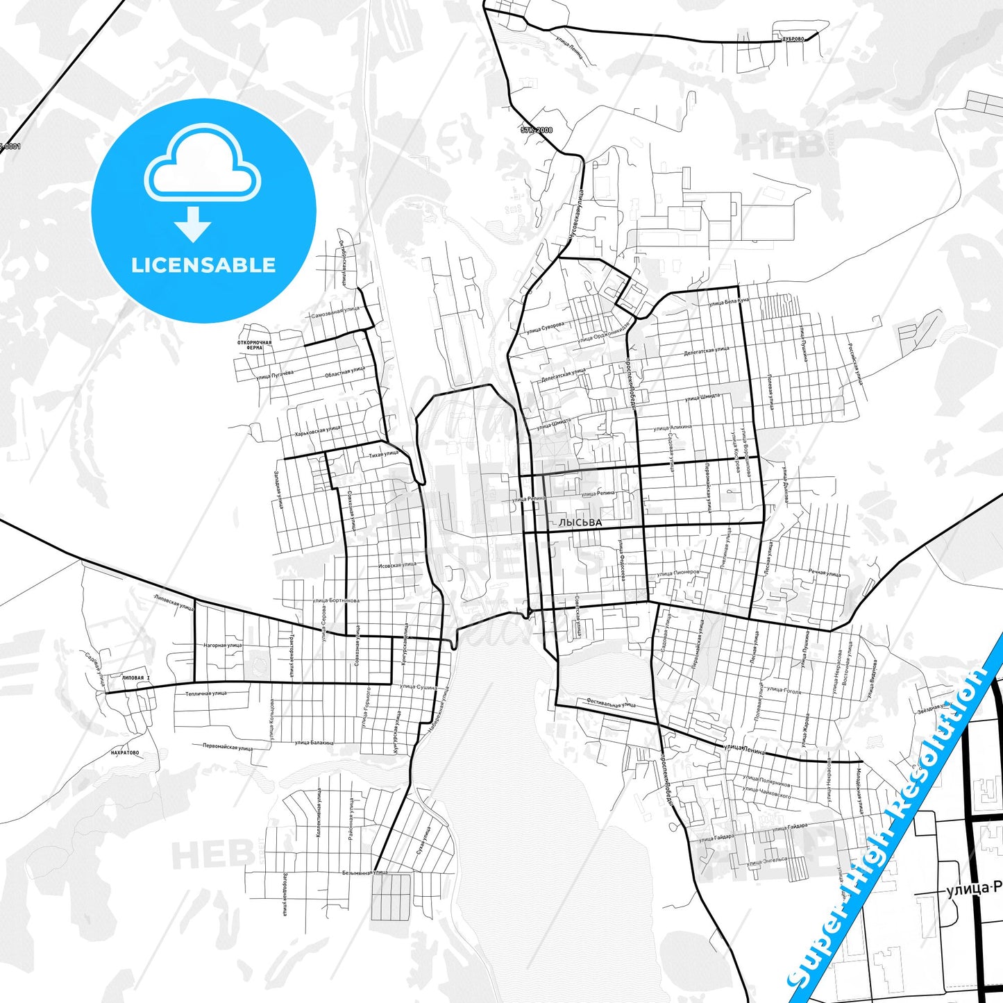 Lysva, Russia Light Map with Street Names, City Names, and Districts