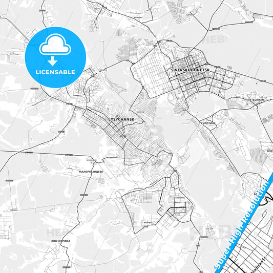Lysychansk, Ukraine light map with streetnames, citynames and districts