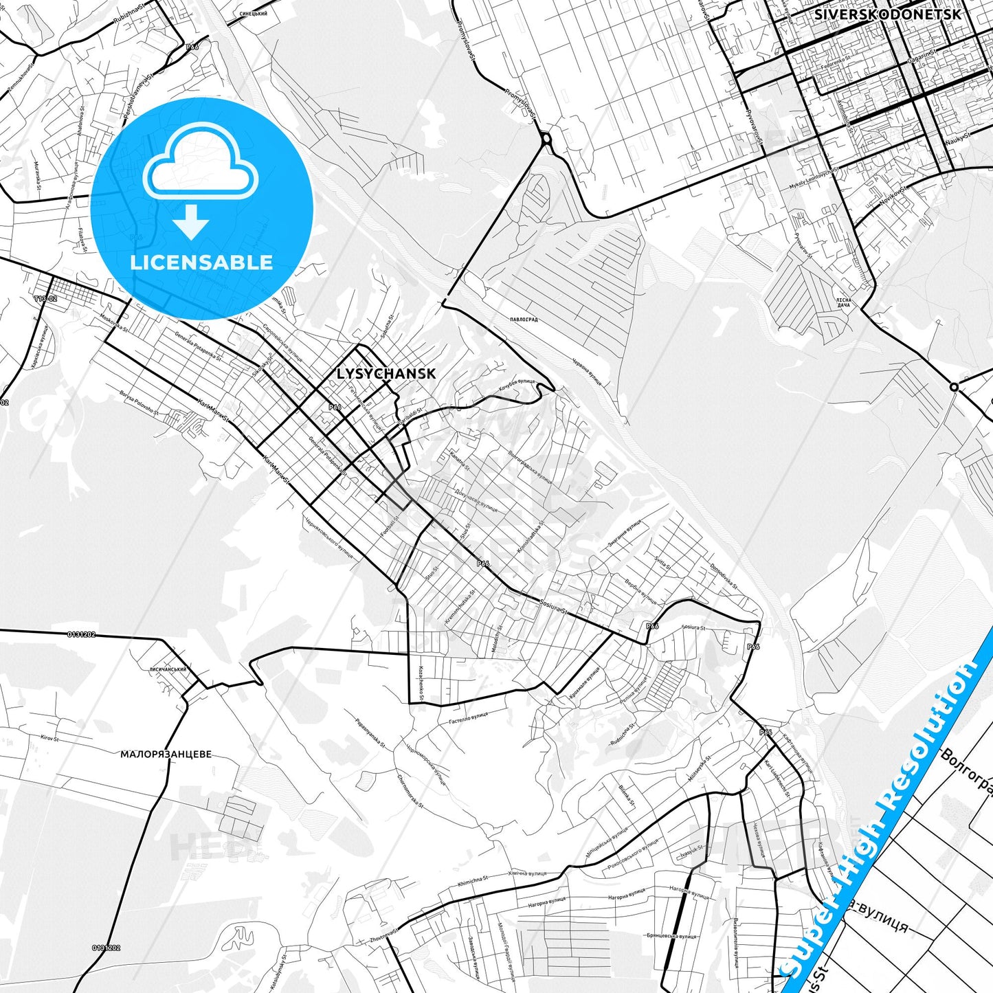 Lysychansk, Ukraine Light Map with Street Names, City Names, and Districts