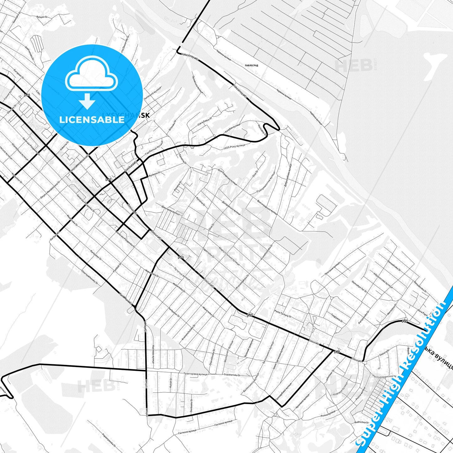 Lysychansk, Ukraine Light Map with Street Names, City Names, and Districts
