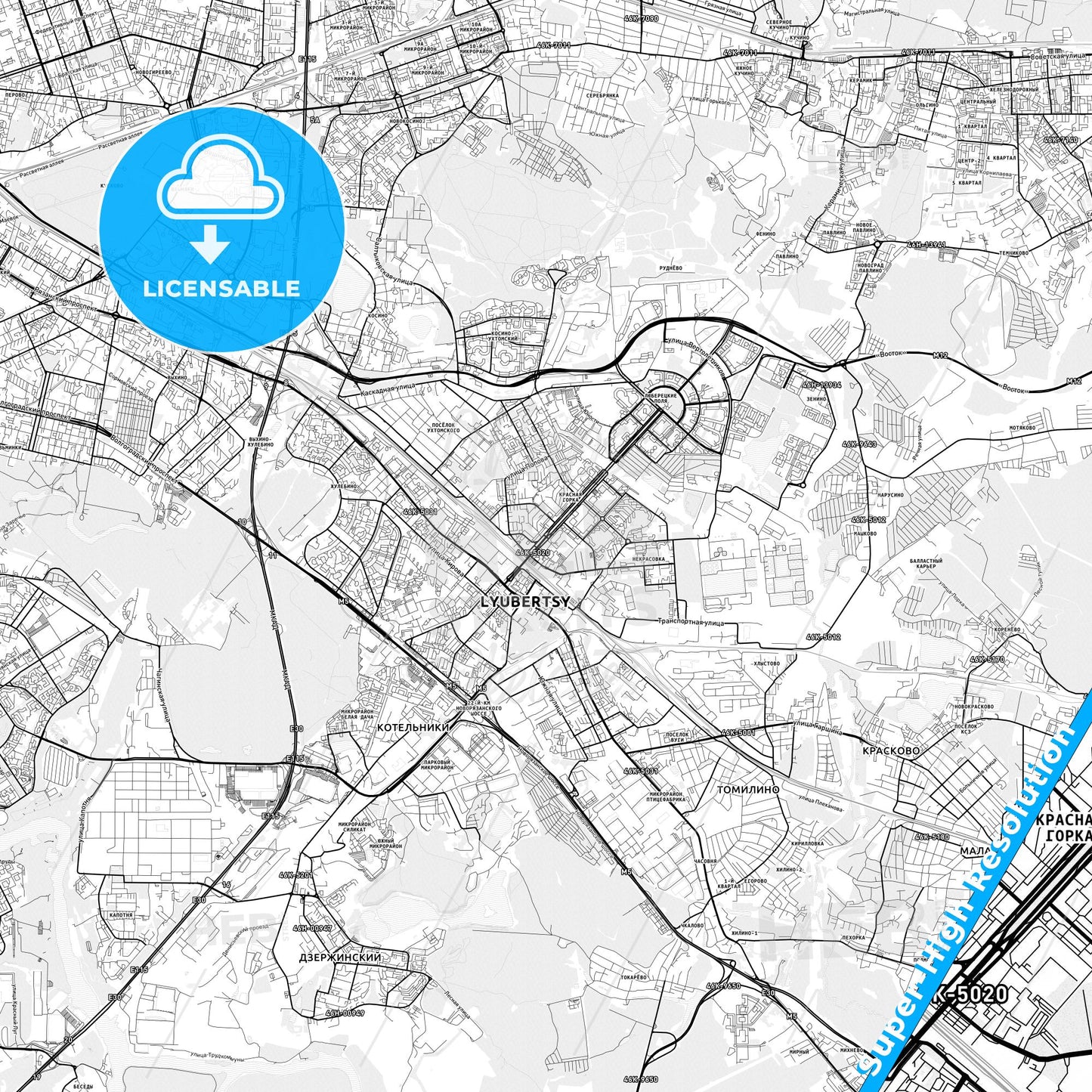 Lyubertsy, Russia light map with streetnames, citynames and districts