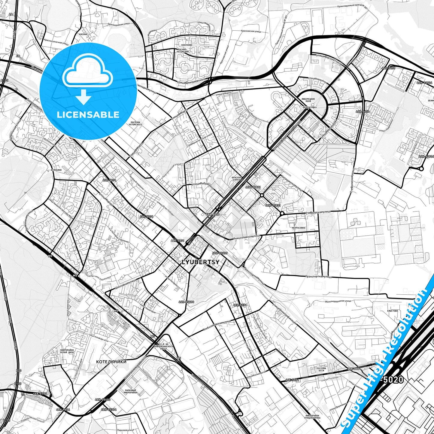 Lyubertsy, Russia Light Map with Street Names, City Names, and Districts