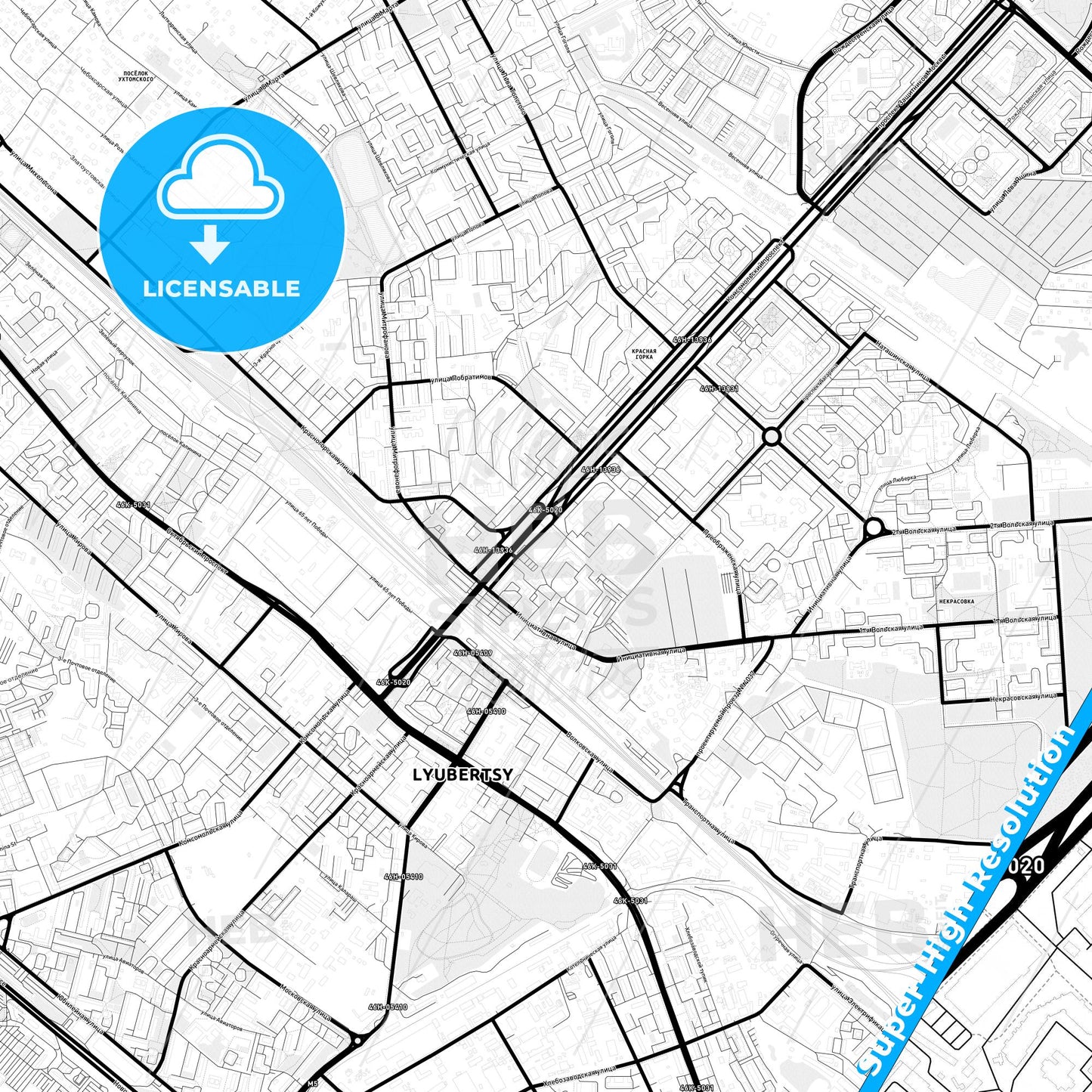 Lyubertsy, Russia Light Map with Street Names, City Names, and Districts