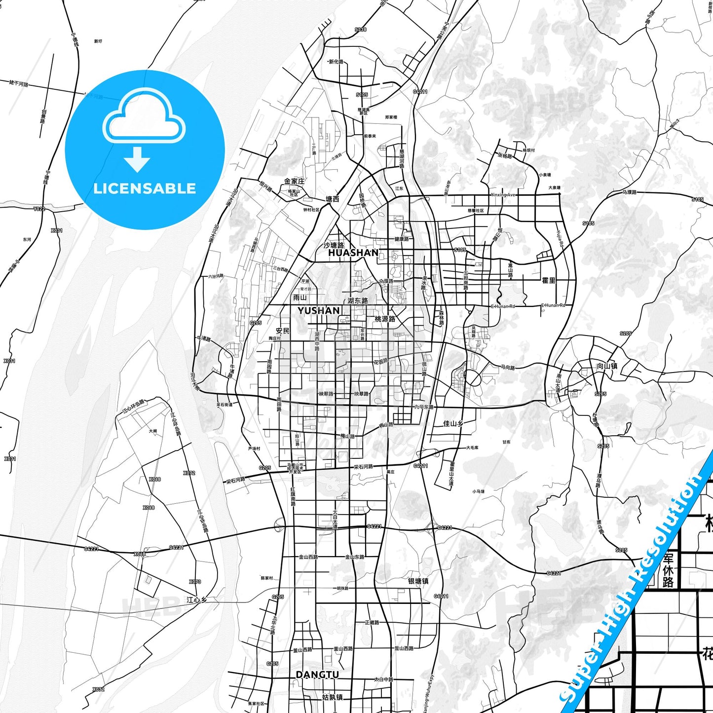 Ma-anshan, China light map with streetnames, citynames and districts