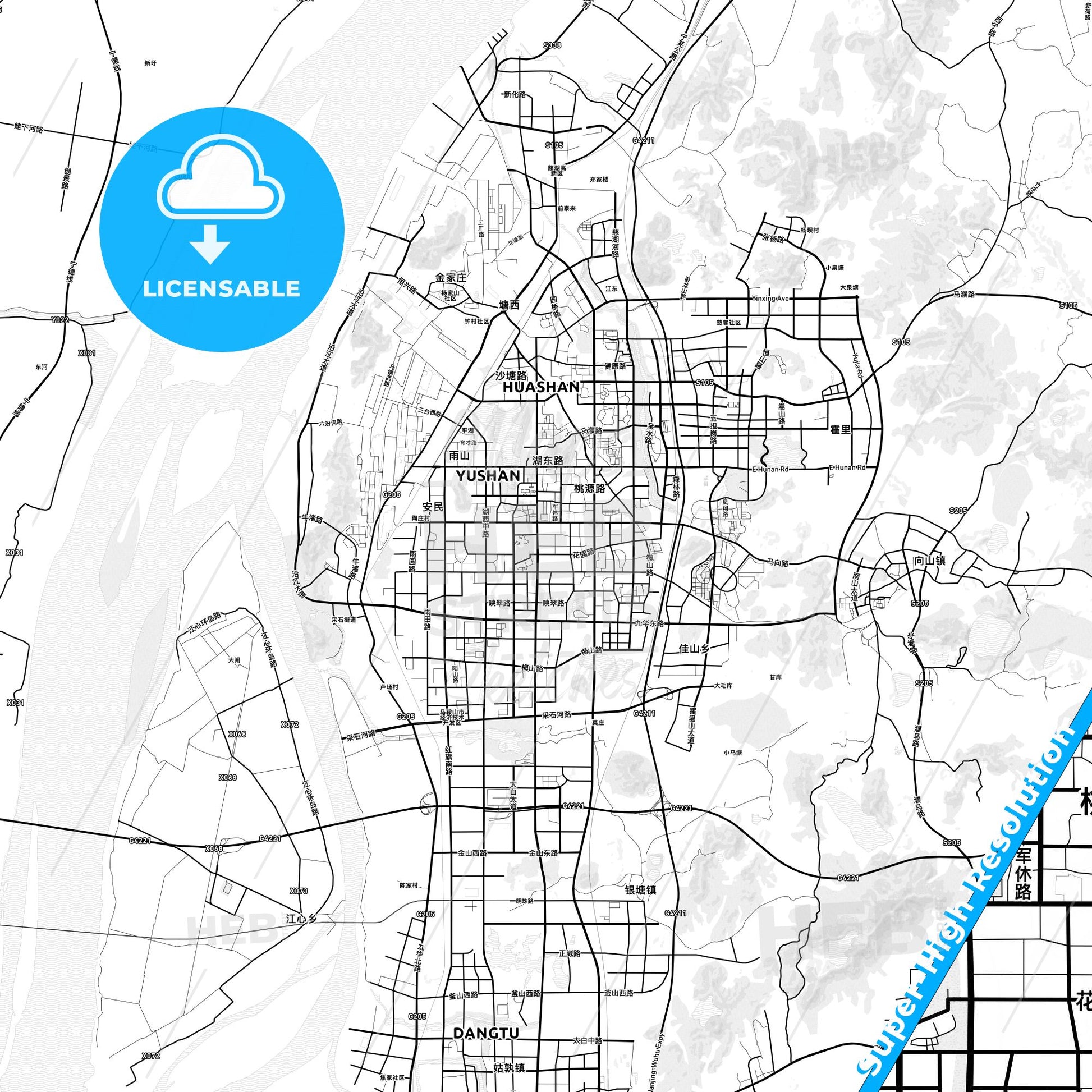 Ma-anshan, China light map with streetnames, citynames and districts