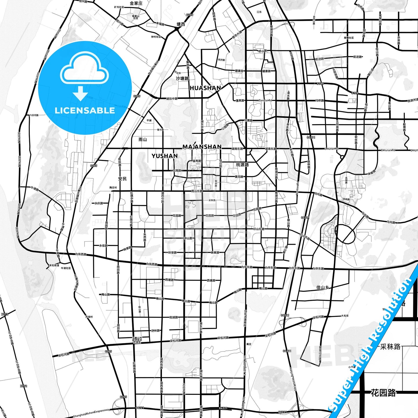 Ma-anshan, China Light Map with Street Names, City Names, and Districts