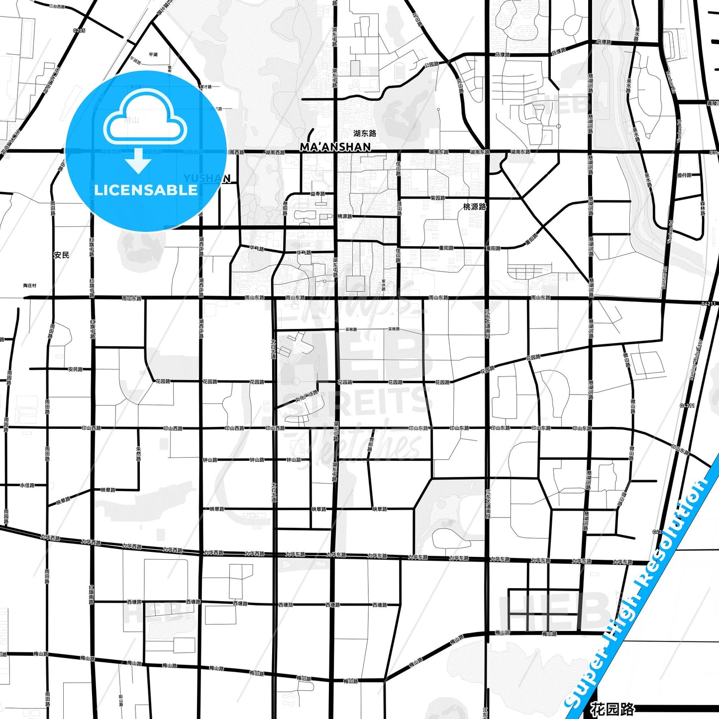 Ma-anshan, China Light Map with Street Names, City Names, and Districts