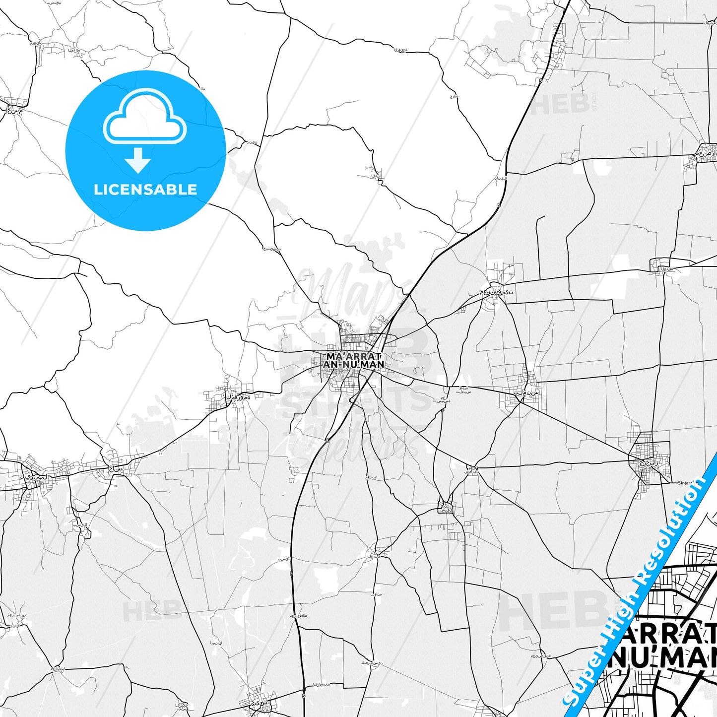 Maarat al-Numaan, Syria light map with streetnames, citynames and districts