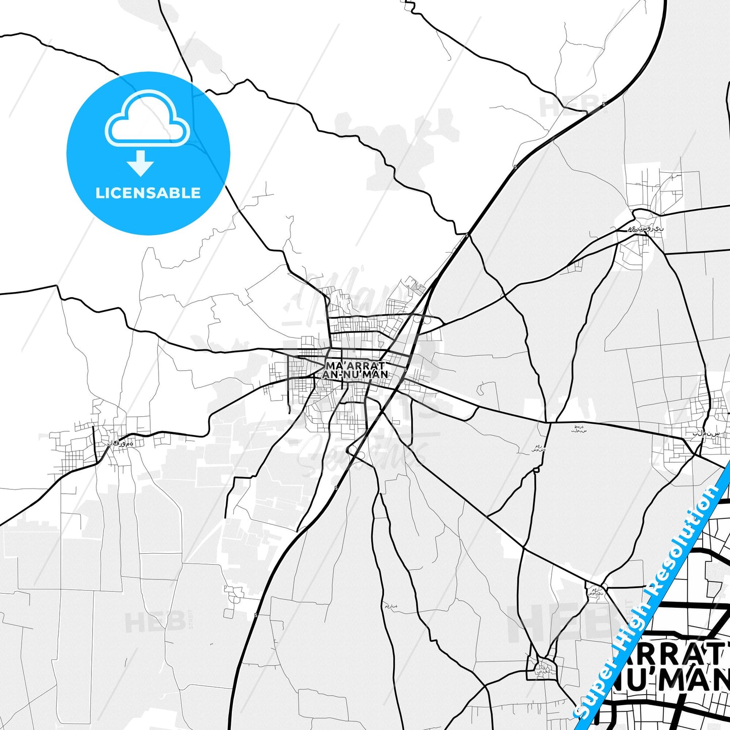 Maarat al-Numaan, Syria Light Map with Street Names, City Names, and Districts