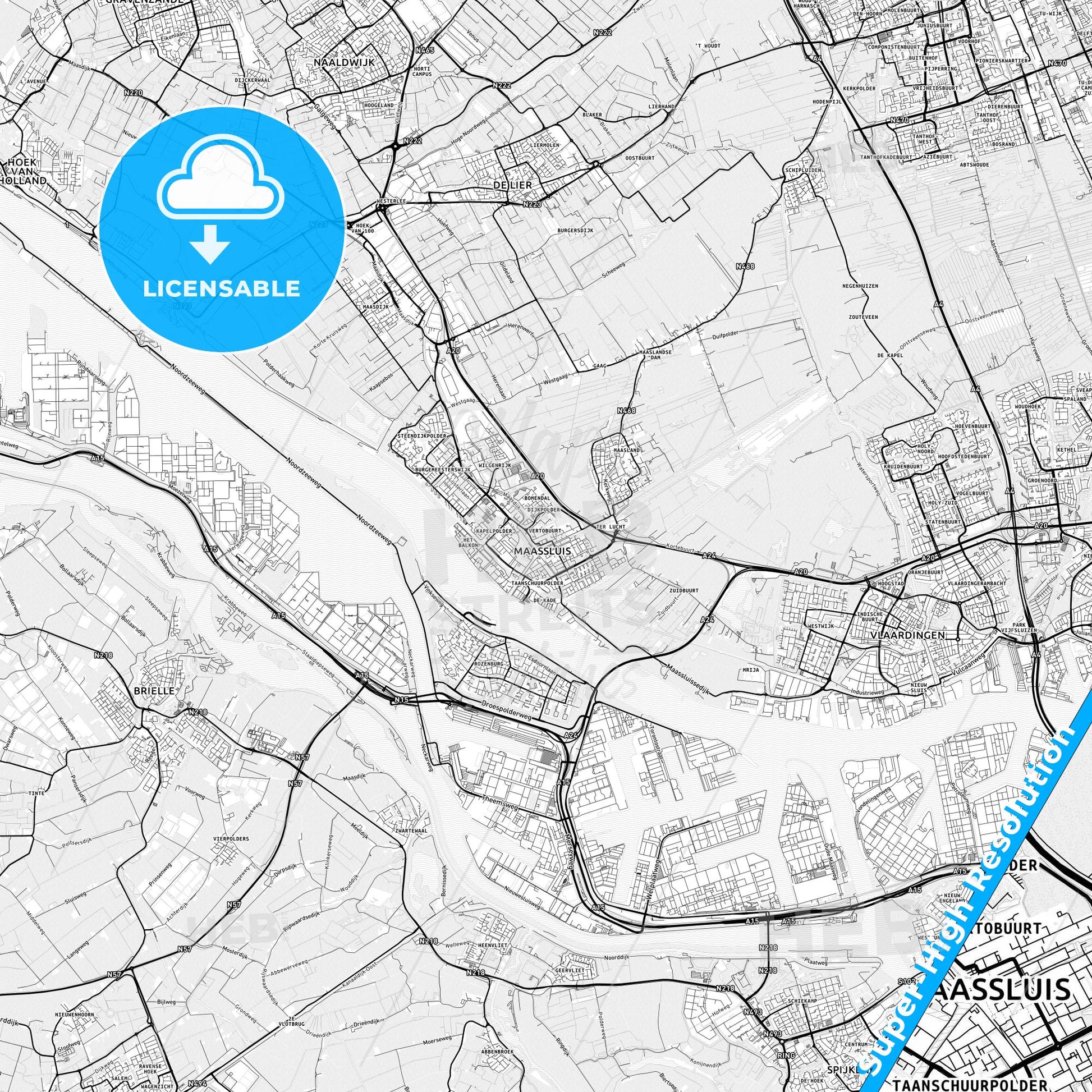 Maassluis, Netherlands light map with streetnames, citynames and districts