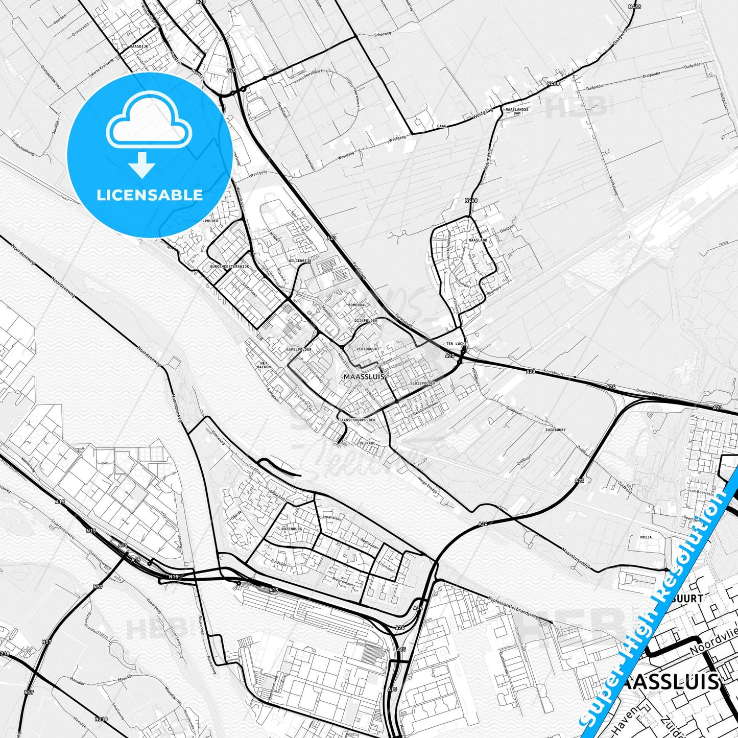 Maassluis, Netherlands Light Map with Street Names, City Names, and Districts