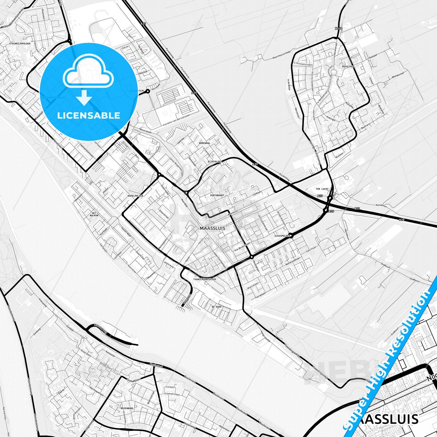 Maassluis, Netherlands Light Map with Street Names, City Names, and Districts