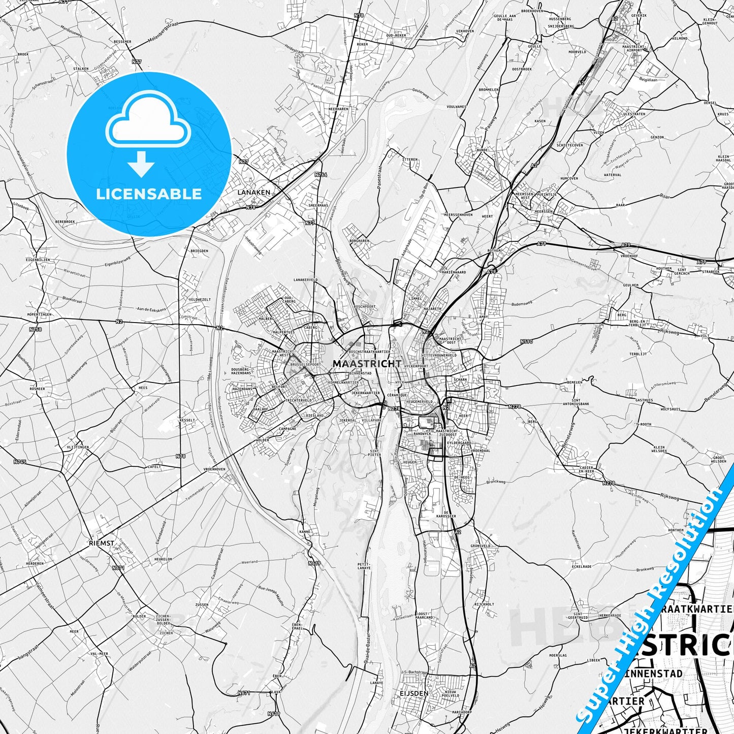 Maastricht, Netherlands light map with streetnames, citynames and districts