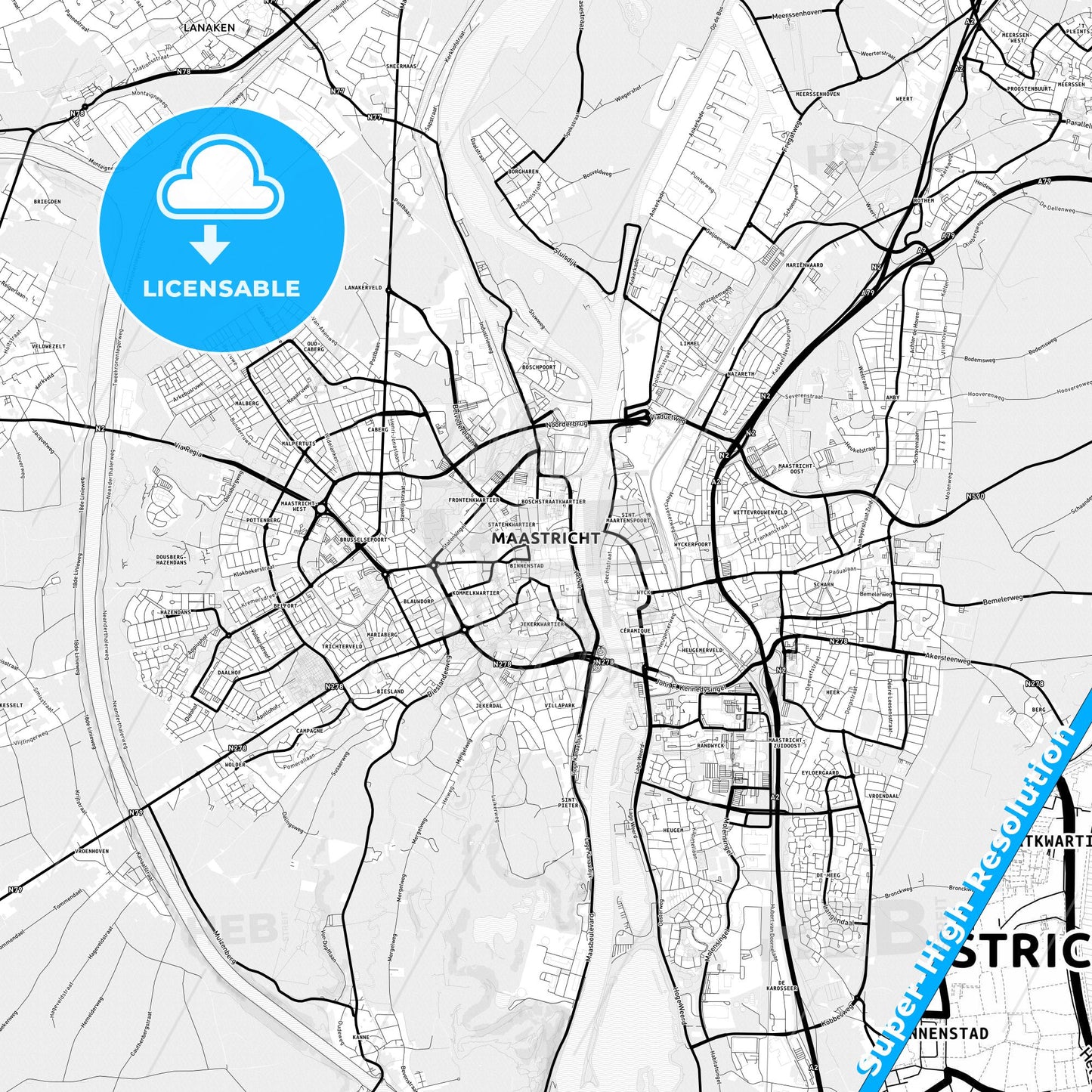 Maastricht, Netherlands Light Map with Street Names, City Names, and Districts