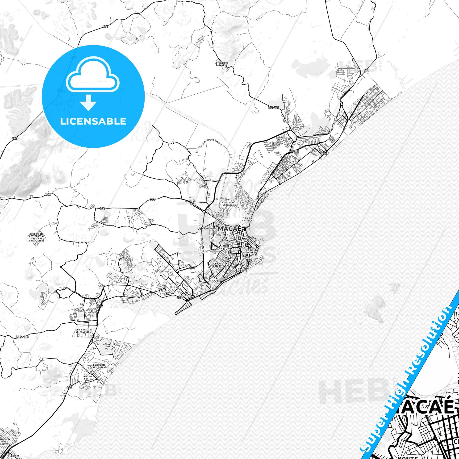 Macae, Brazil light map with streetnames, citynames and districts