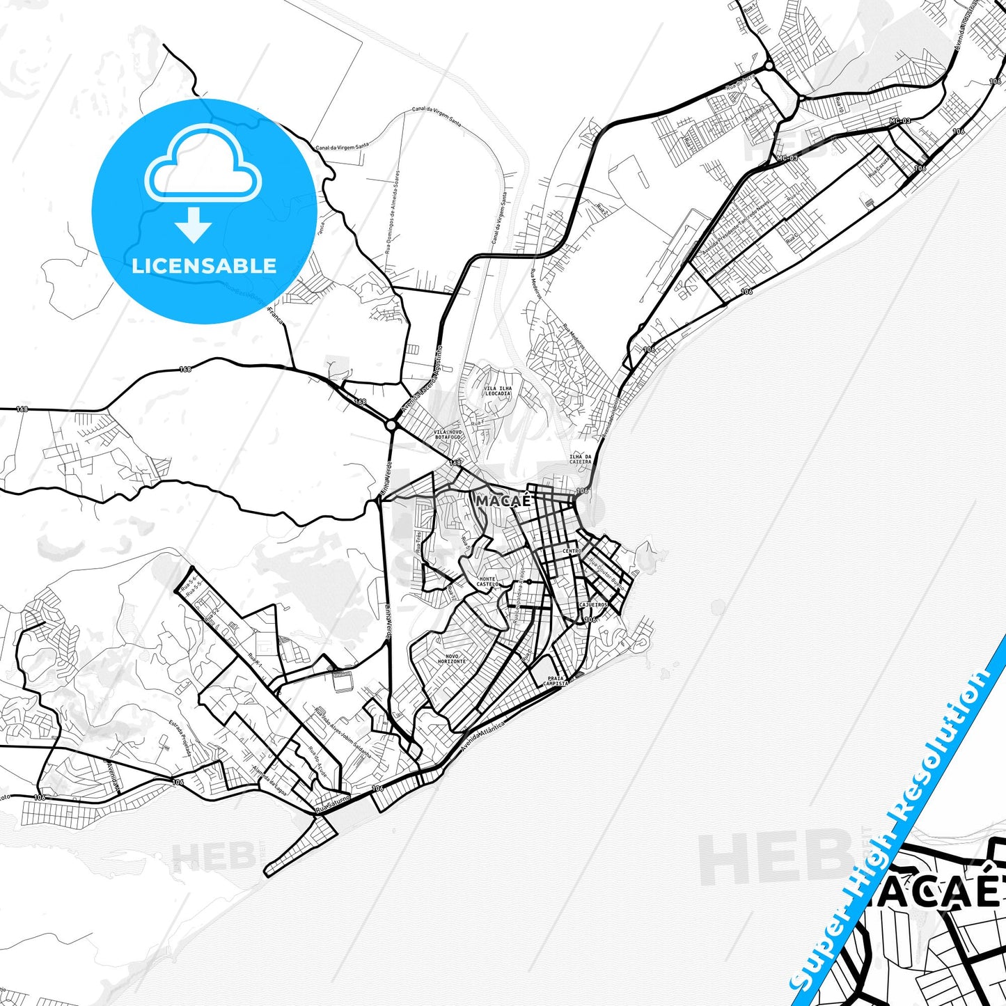 Macae, Brazil Light Map with Street Names, City Names, and Districts