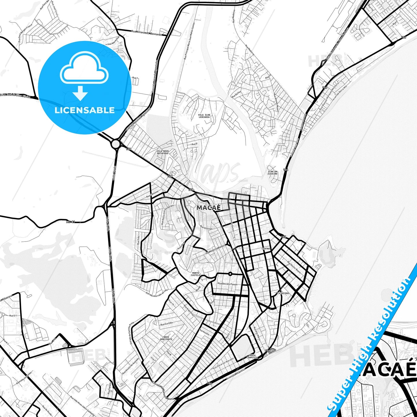 Macae, Brazil Light Map with Street Names, City Names, and Districts