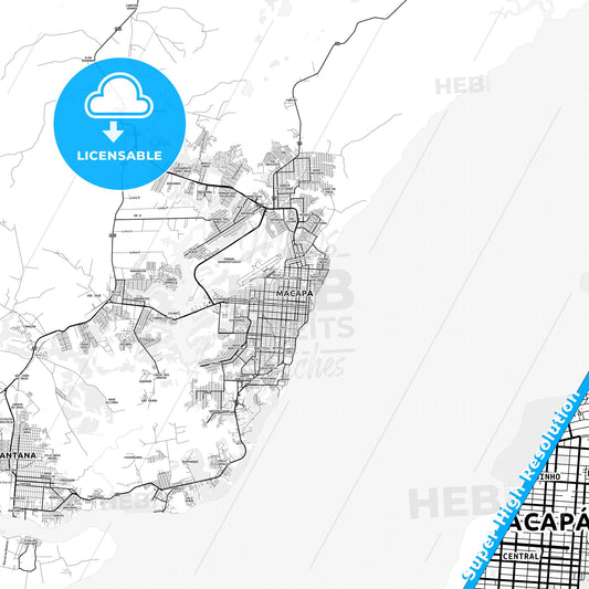 Macapa, Brazil light map with streetnames, citynames and districts