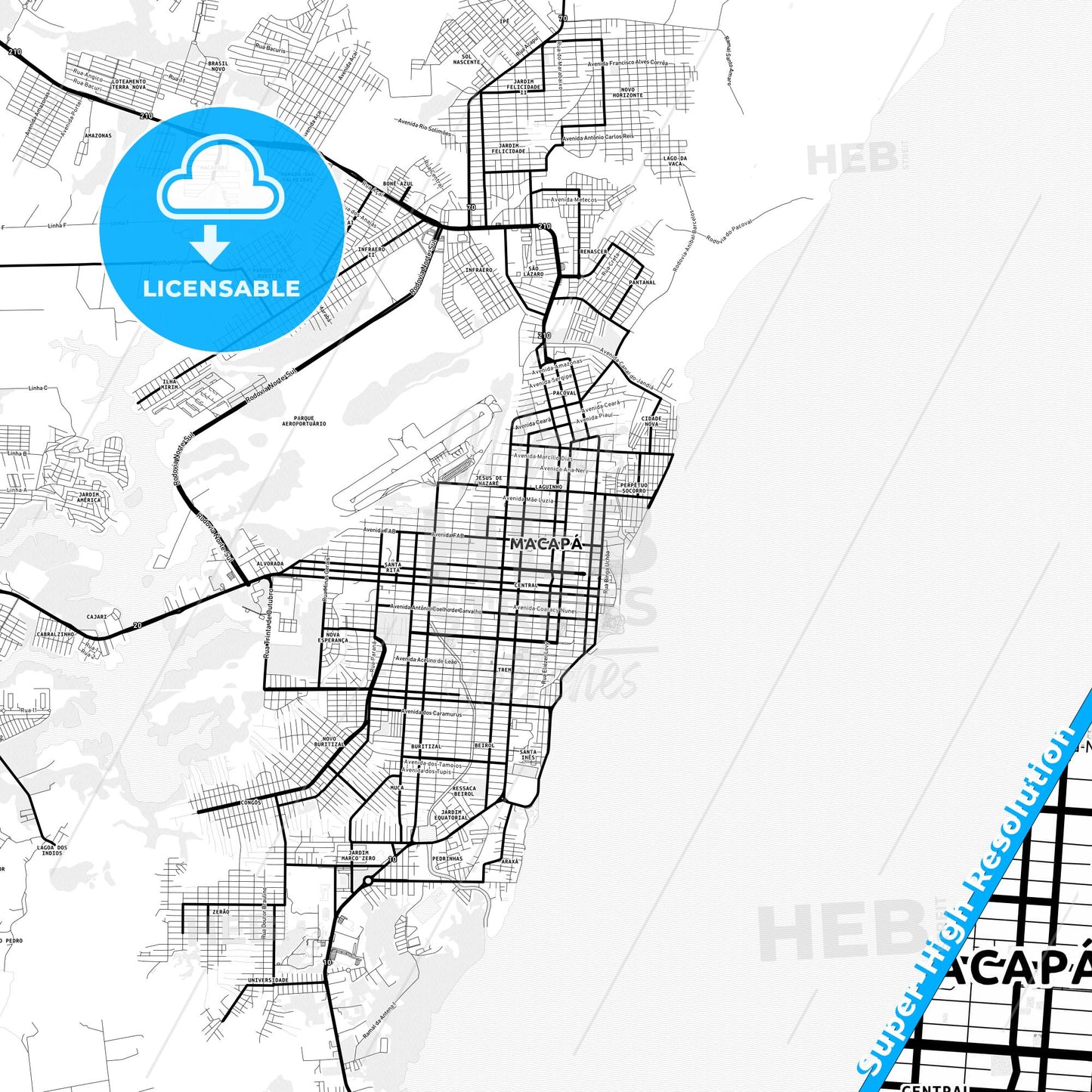 Macapa, Brazil Light Map with Street Names, City Names, and Districts