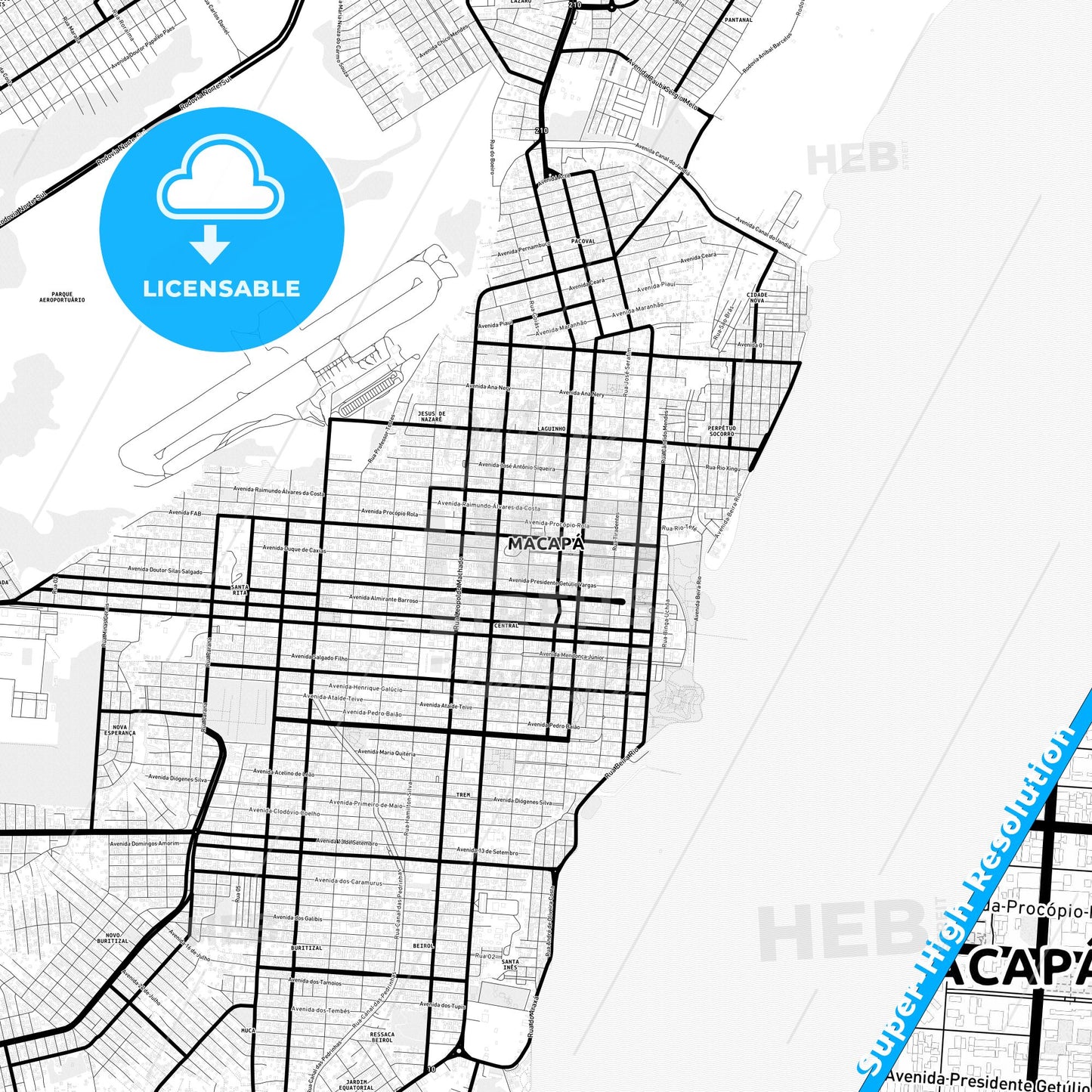 Macapa, Brazil Light Map with Street Names, City Names, and Districts