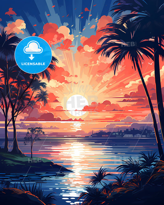 Macapa Brazil Skyline Painting Sunset Artwork Art Canvas Cityscape River Colorful Landscape