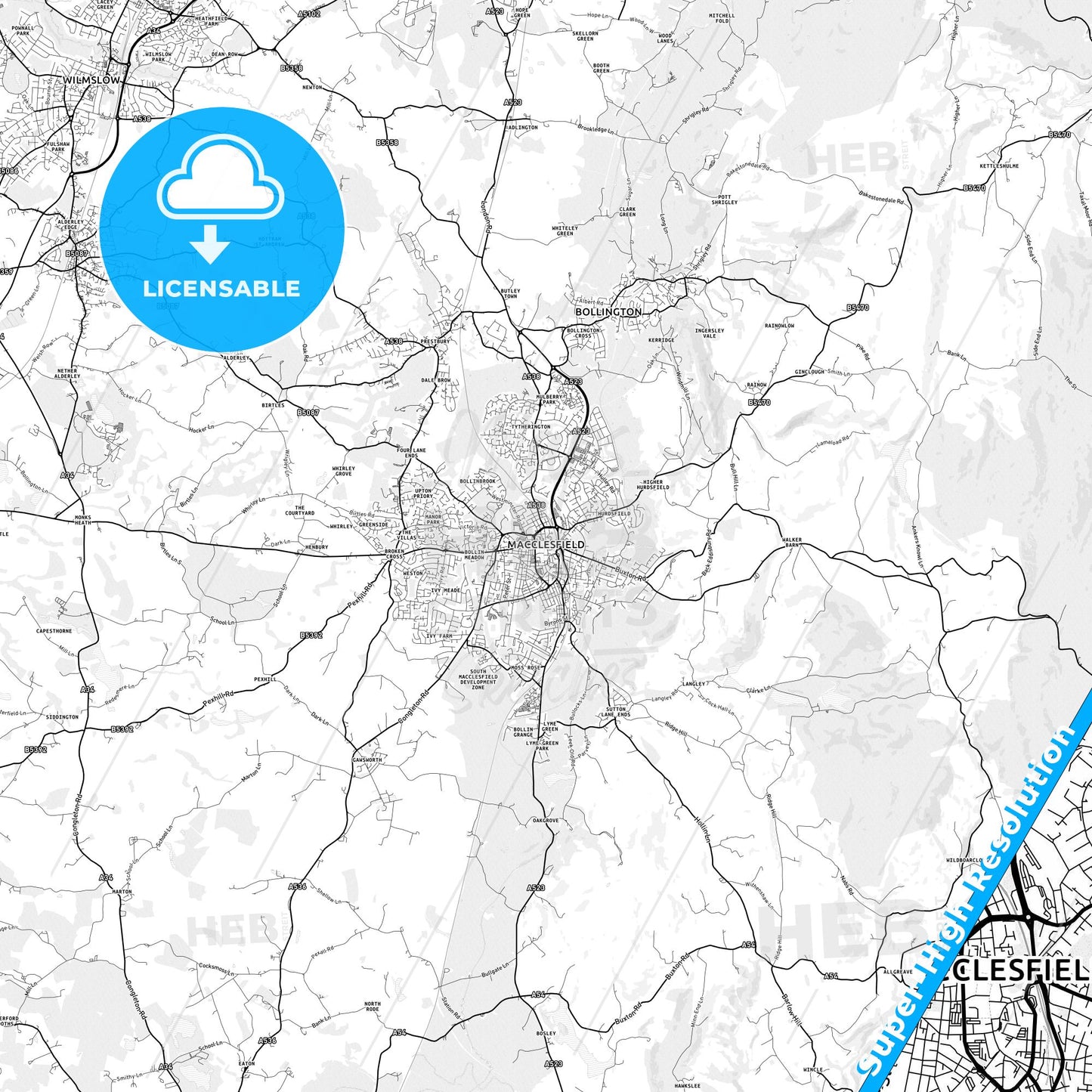 Macclesfield, England light map with streetnames, citynames and districts