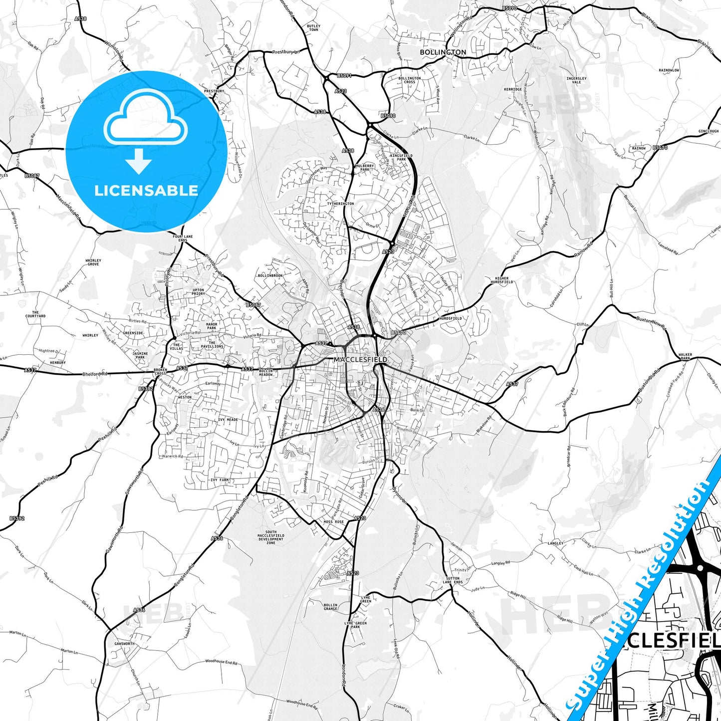 Macclesfield, England Light Map with Street Names, City Names, and Districts