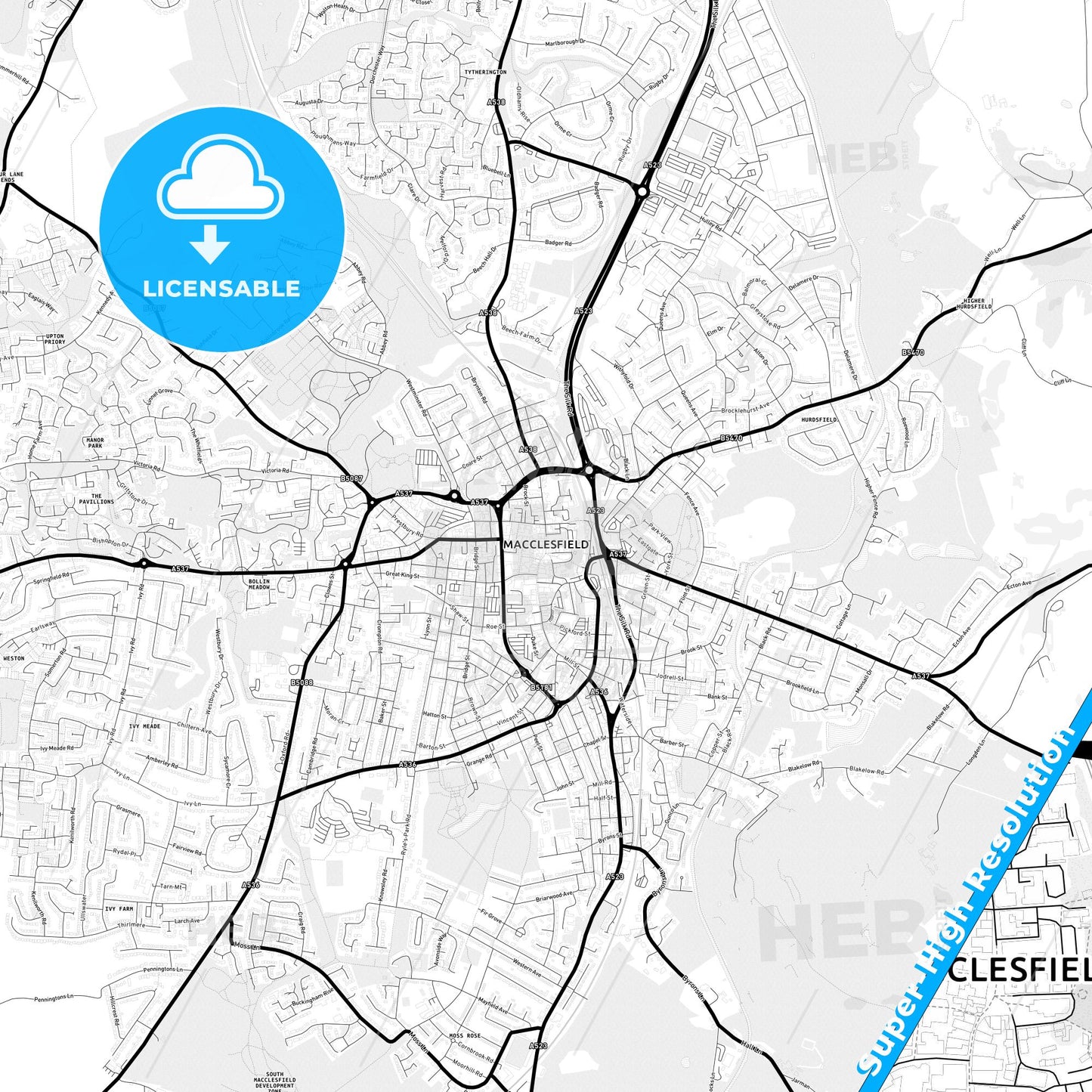 Macclesfield, England Light Map with Street Names, City Names, and Districts