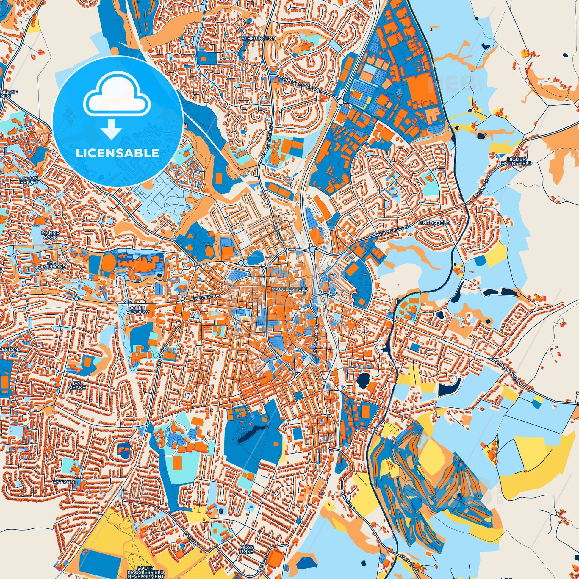 Colorful Macclesfield Street Map with Labels and Buildings