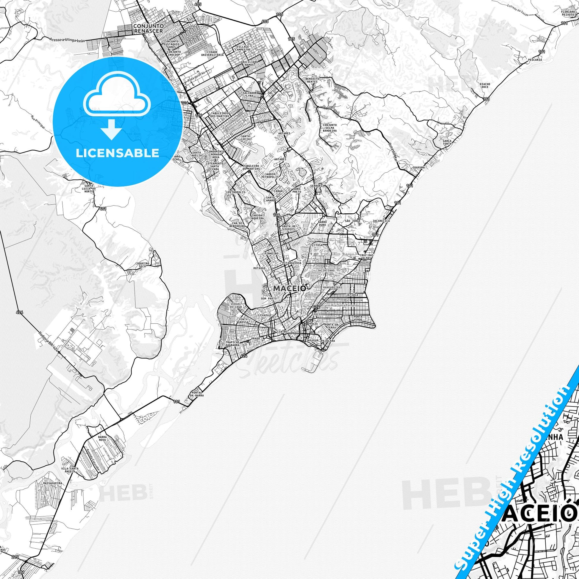Maceio, Brazil light map with streetnames, citynames and districts