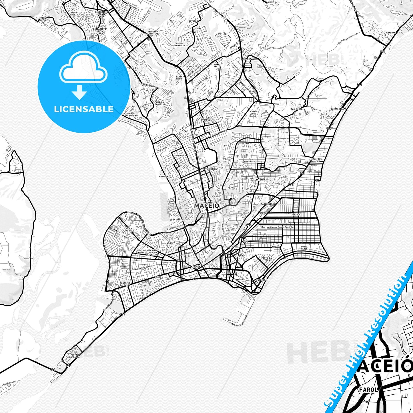 Maceio, Brazil Light Map with Street Names, City Names, and Districts