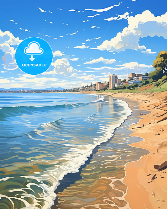Artistic Cityscape Painting: Vibrant Seaside Scene with Waves and Buildings