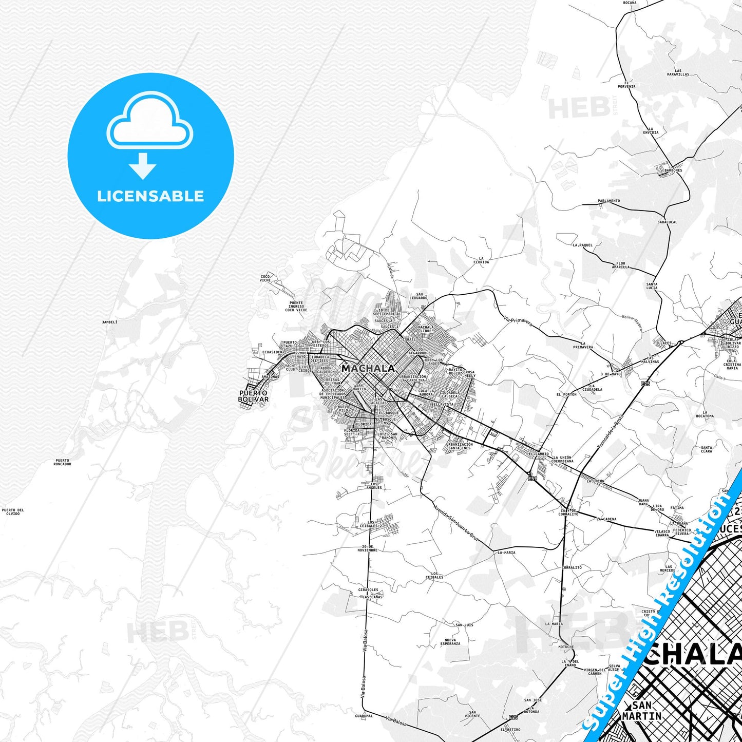 Machala, Ecuador light map with streetnames, citynames and districts