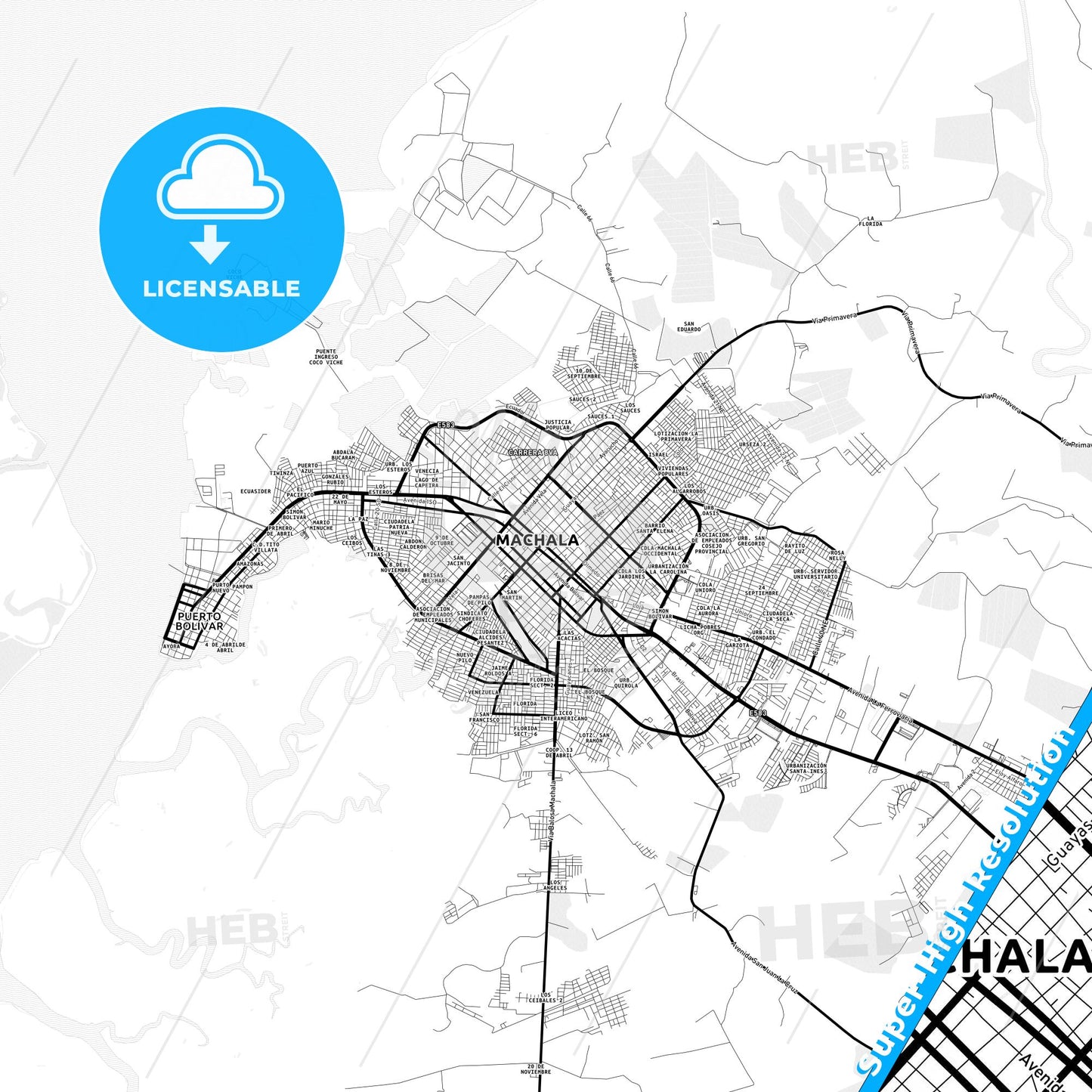 Machala, Ecuador Light Map with Street Names, City Names, and Districts