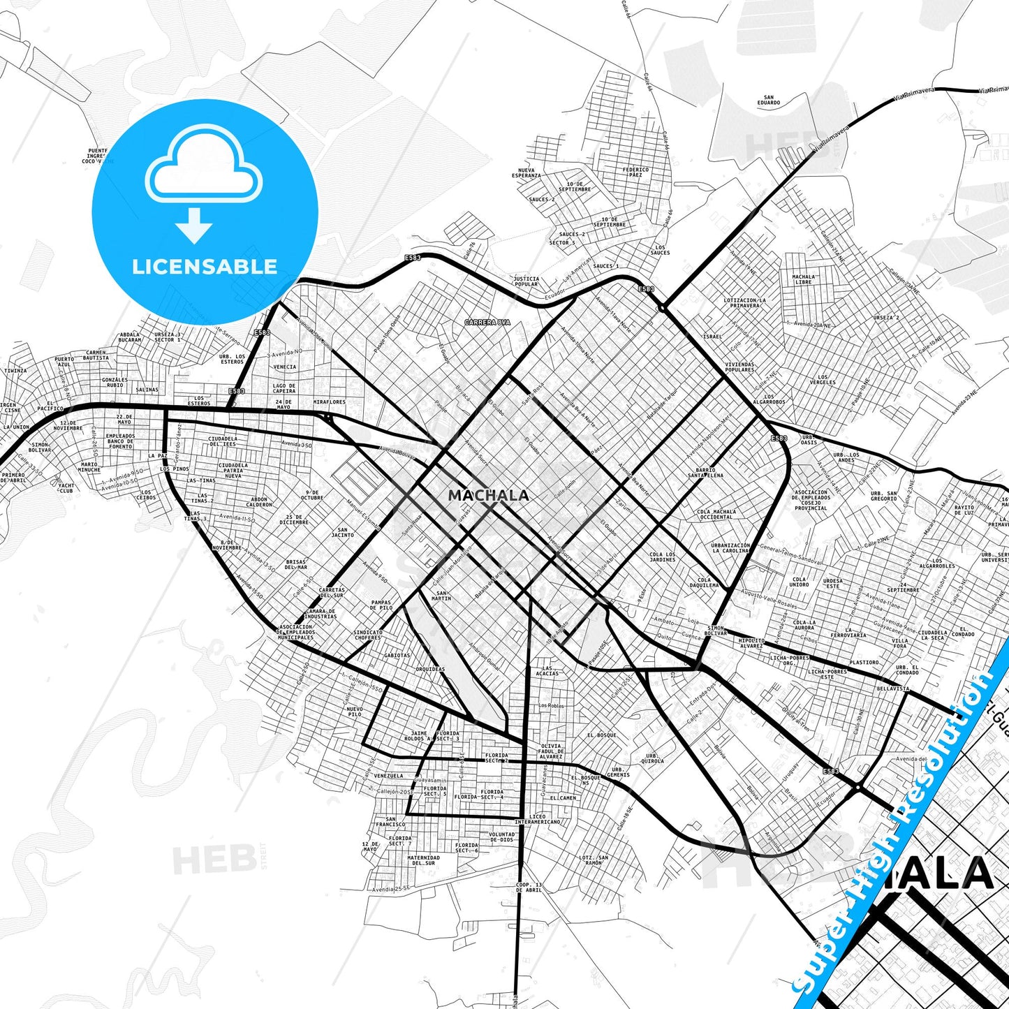 Machala, Ecuador Light Map with Street Names, City Names, and Districts