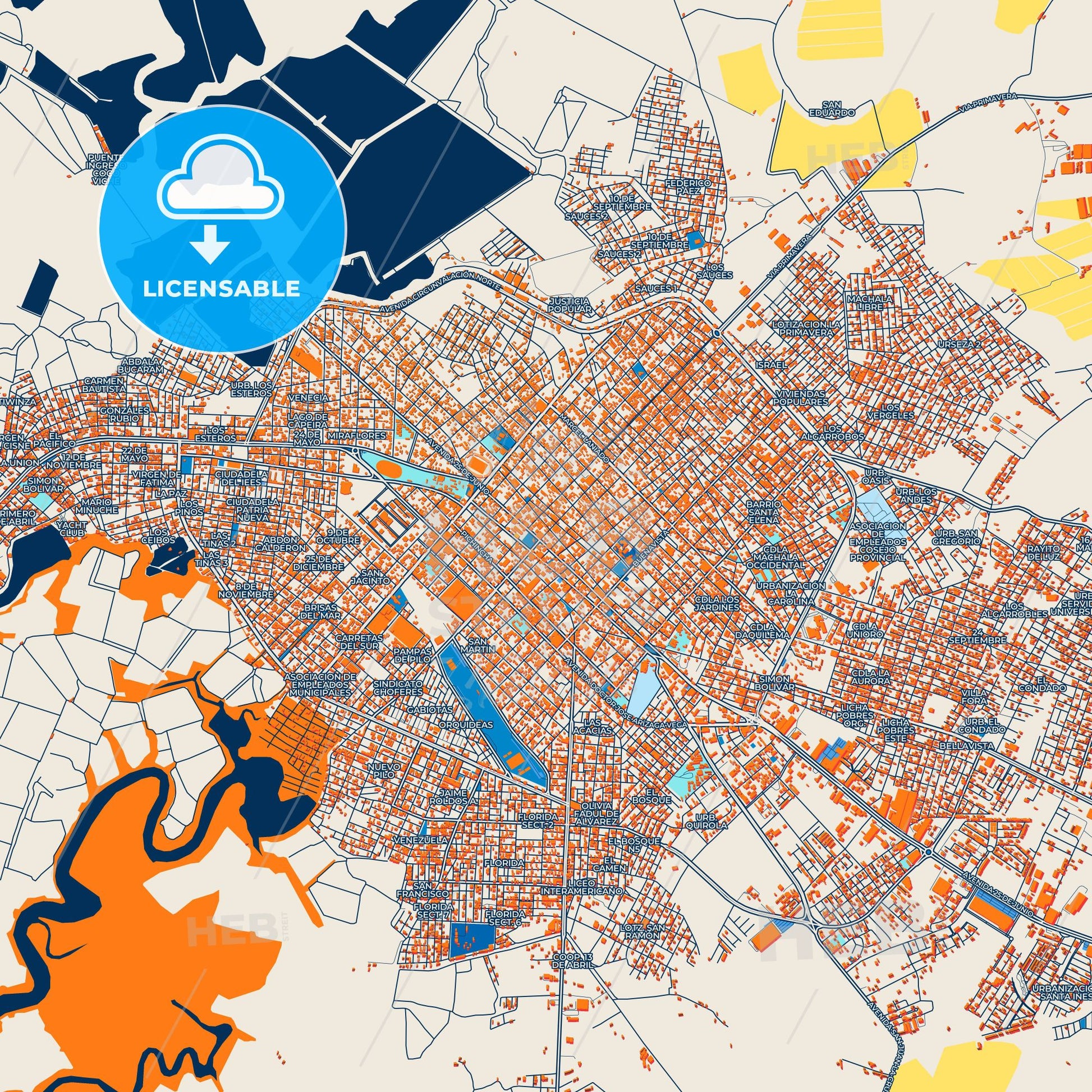 Colorful Machala Street Map with Labels and Buildings