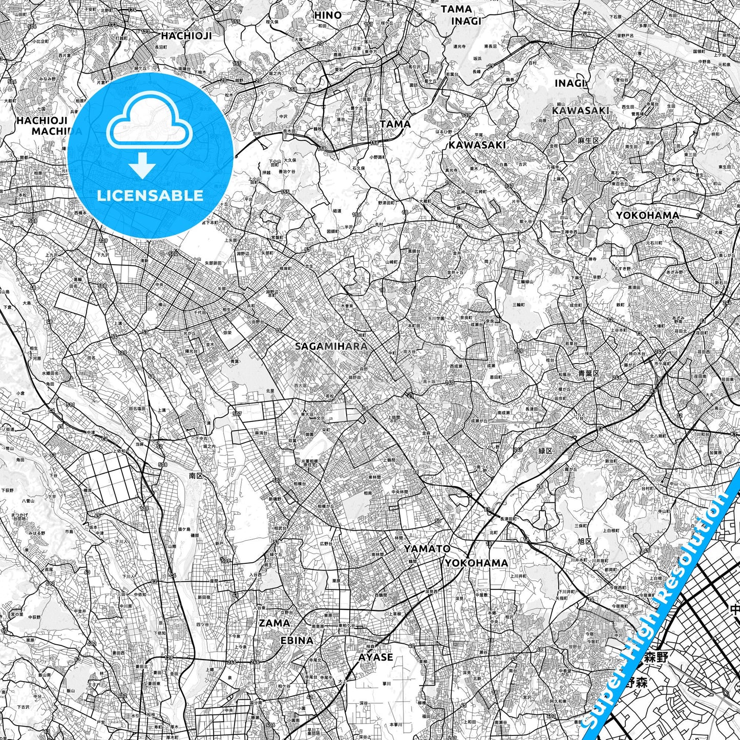 Machida, Japan light map with streetnames, citynames and districts