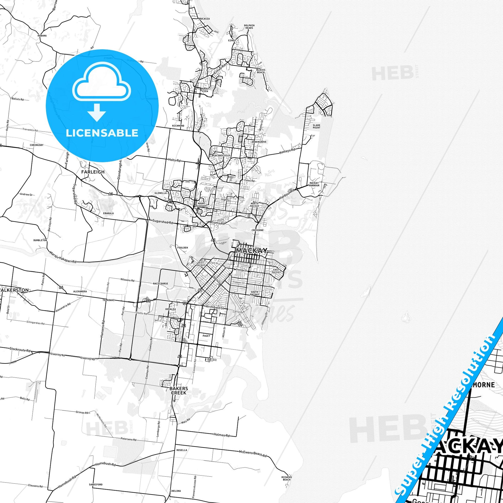 Mackay, Australia light map with streetnames, citynames and districts