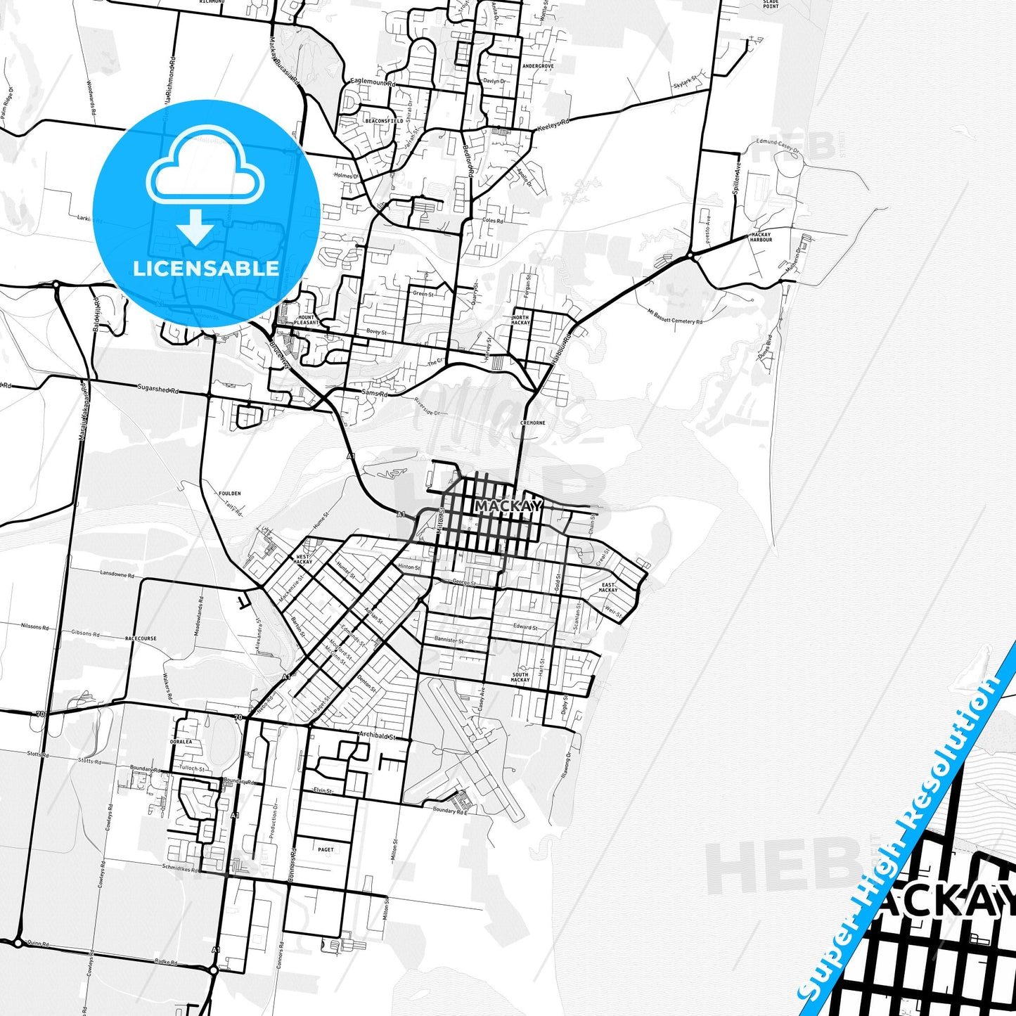 Mackay, Australia Light Map with Street Names, City Names, and Districts