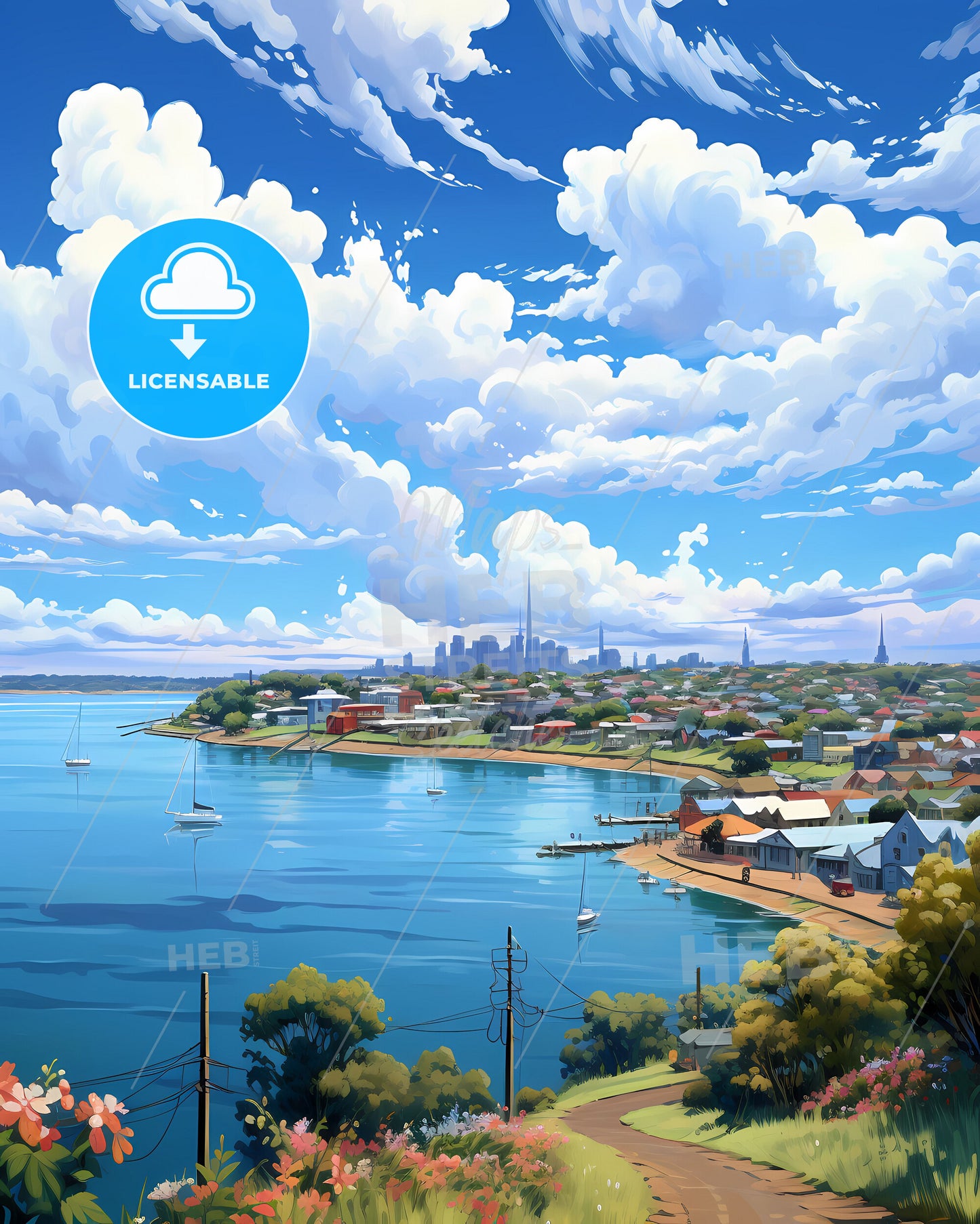 Mackay Australia Colorful City Skyline Canvas Painting Art by the Waterfront