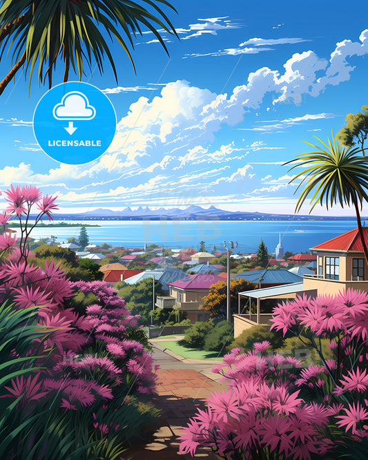 Vibrant Skyline of Mackay Australia Painted in Pink with Water Feature