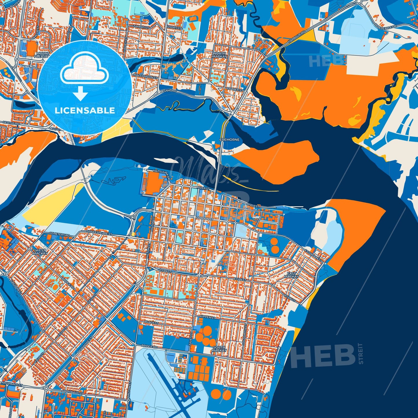 Colorful Mackay Street Map with Labels and Buildings