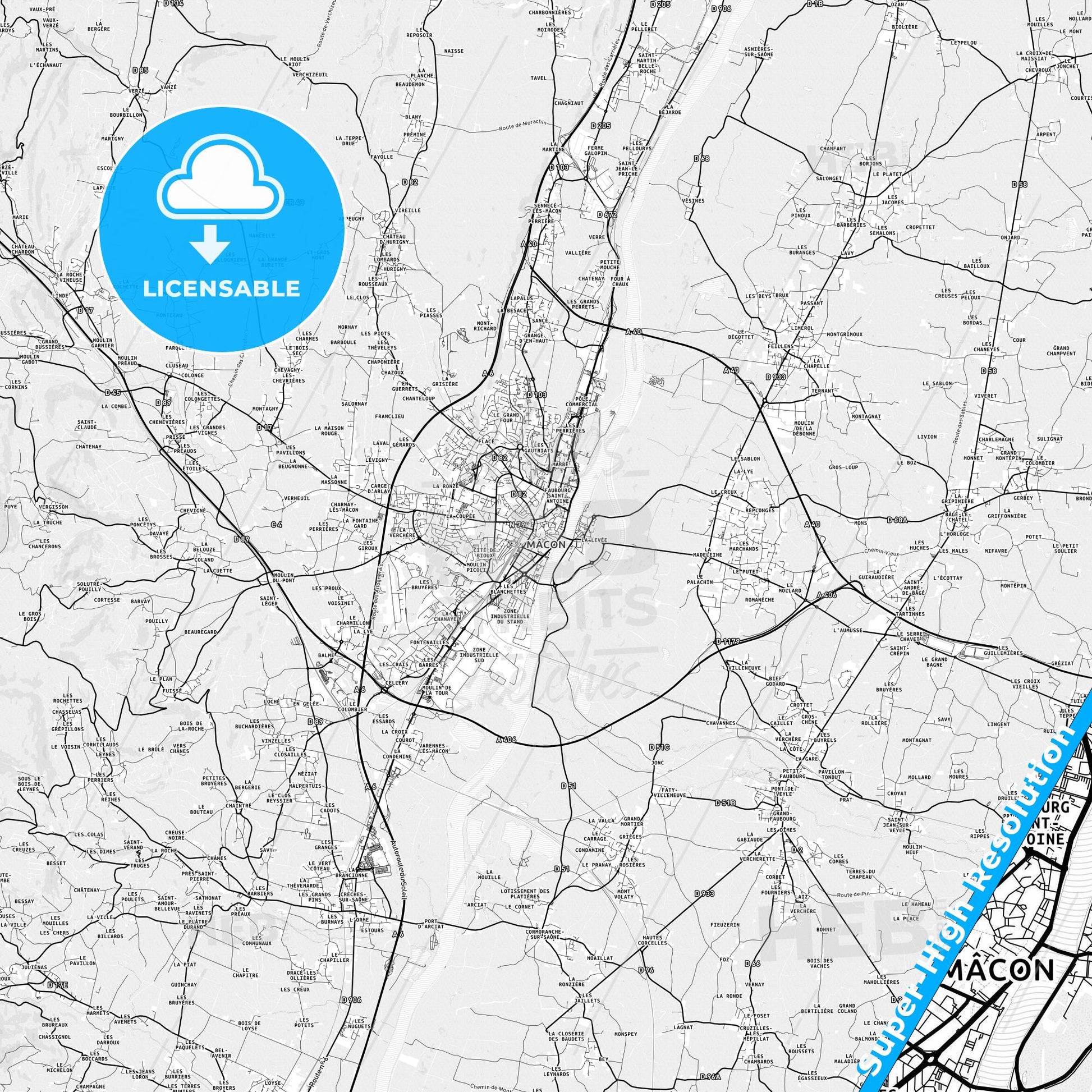 Mâcon, France light map with streetnames, citynames and districts
